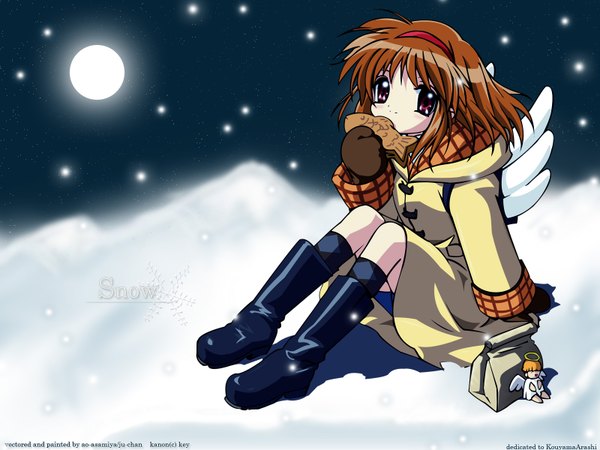 Anime picture 1600x1200 with kanon key (studio) tsukimiya ayu snowing winter snow visualart girl moon full moon wagashi taiyaki