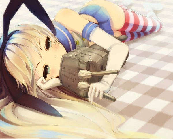 Anime picture 4428x3572 with kantai collection shimakaze destroyer rensouhou-chan otogi kyouka long hair looking at viewer blush highres blue eyes blonde hair absurdres girl thighhighs skirt gloves bow hair bow miniskirt elbow gloves striped thighhighs