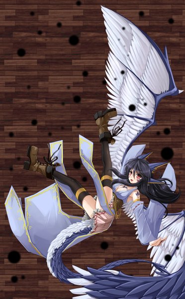 Anime picture 840x1354 with original amino dopple (artist) single long hair tall image looking at viewer black hair smile red eyes tail monster girl girl thighhighs black thighhighs detached sleeves wings boots