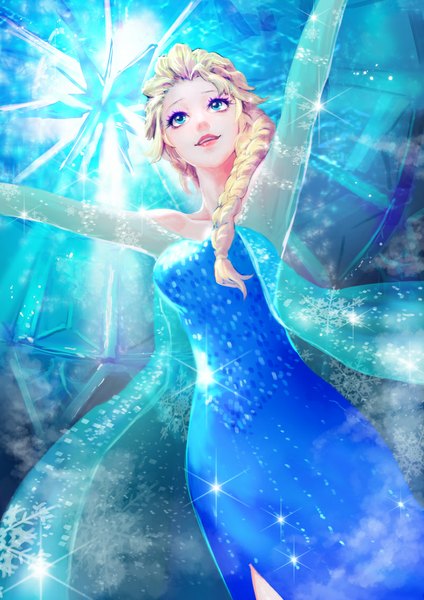 Anime picture 800x1132 with frozen (disney) disney elsa (frozen) meto31 single long hair tall image open mouth blue eyes blonde hair bare shoulders looking away braid (braids) light smile looking up spread arms blue background girl dress cape