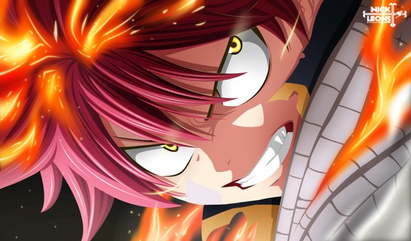 Anime picture 1400x822 with fairy tail natsu dragneel nickleon5 single short hair wide image yellow eyes pink hair grin coloring magic close-up face angry boy scarf fire