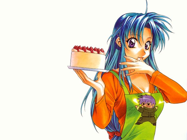 Anime picture 1600x1200 with full metal panic! gonzo tateo retsu single long hair looking at viewer white background purple eyes blue hair upper body third-party edit licking finger licking finger in mouth detexted extended girl food sweets tongue