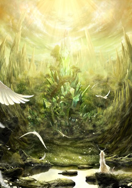 Anime picture 2827x4000 with original bouno satoshi single long hair tall image highres sky cloud (clouds) full body white hair horn (horns) from behind sunlight lens flare fantasy sunbeam rock antlers girl dress