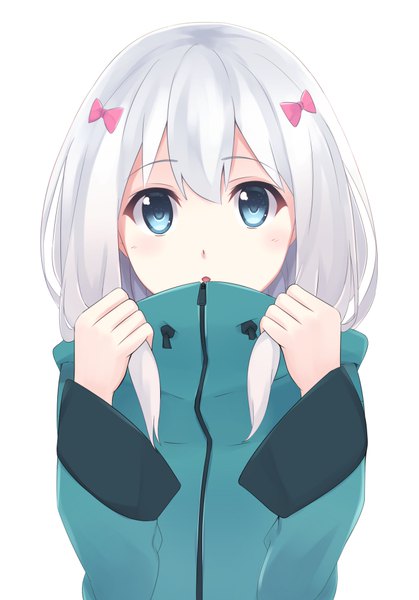 Anime picture 680x974 with eromanga sensei a-1 pictures izumi sagiri mkt single long hair tall image looking at viewer fringe blue eyes simple background hair between eyes white background silver hair upper body parted lips :o holding hair girl bow