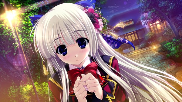 Anime picture 2562x1441 with prism recollection ashwin aina shintarou single long hair looking at viewer blush highres wide image game cg white hair hair flower embarrassed night sky girl uniform hair ornament flower (flowers) ribbon (ribbons) plant (plants)