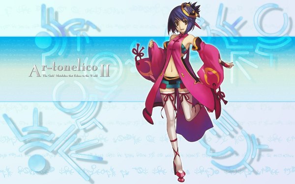 Anime picture 1680x1050 with ar tonelico ar tonelico ii gust (company) luca truelywaath nagi ryou single looking at viewer fringe short hair breasts smile wide image standing yellow eyes purple hair full body wide sleeves midriff high heels zettai ryouiki