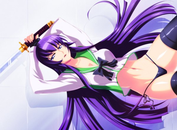 Anime picture 1250x921 with highschool of the dead madhouse busujima saeko eroishi single long hair open mouth blue eyes light erotic purple hair lips bare belly midriff coloring girl thighhighs gloves navel uniform weapon