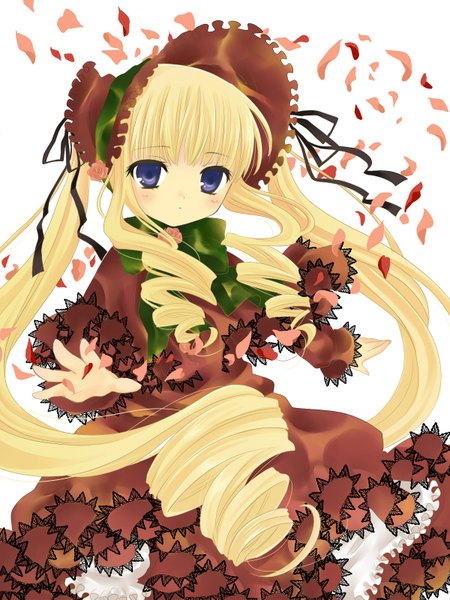 Anime picture 1200x1600 with rozen maiden shinku hanabana (notenotenote) single long hair tall image blue eyes simple background blonde hair white background loli lolita fashion girl dress bow petals