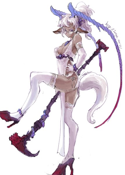 Anime picture 859x1200 with loiza single tall image looking at viewer short hair light erotic simple background white background purple eyes animal ears white hair ponytail horn (horns) hand on hip dark skin monster girl girl thighhighs dress gloves