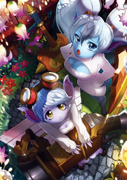 Anime picture 650x919 with league of legends tristana (league of legends) poppy (league of legends) ecmsuite tall image fringe short hair open mouth blue eyes twintails multiple girls animal ears yellow eyes cleavage silver hair from above goggles on head blue skin purple skin girl