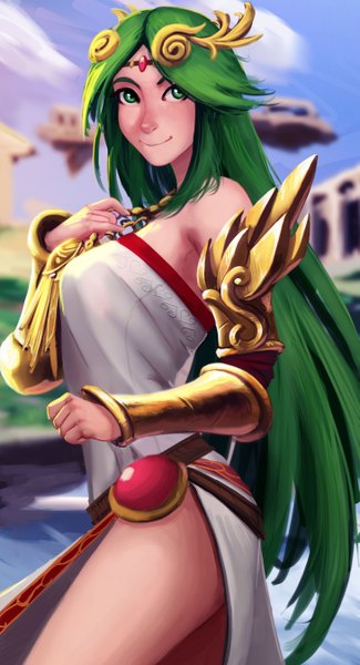Anime picture 1457x2688 with kid icarus palutena carlos eduardo single long hair tall image looking at viewer breasts smile green eyes green hair girl dress armor vambraces