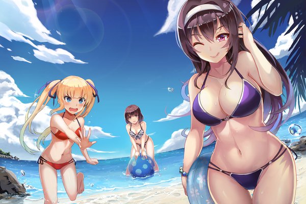 Anime picture 1920x1282 with saenai heroine no sodatekata a-1 pictures kasumigaoka utaha katou megumi sawamura spencer eriri l.bou long hair looking at viewer blush fringe highres short hair breasts light erotic hair between eyes brown hair large breasts twintails multiple girls brown eyes