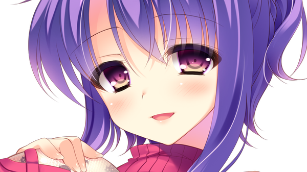 Anime picture 1024x576 with love love life skyfish (studio) shizaki yukari rubi-sama single long hair looking at viewer blush breasts open mouth smile wide image large breasts purple eyes game cg purple hair portrait transparent background girl