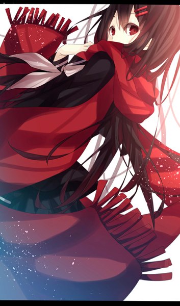 Anime picture 645x1094 with kagerou project shaft (studio) tateyama ayano nuira single long hair tall image looking at viewer black hair simple background red eyes white background looking back from below letterboxed girl uniform hair ornament serafuku hairclip