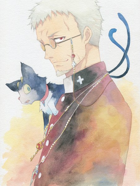 Anime picture 650x860 with ao no exorcist a-1 pictures kuro (ao no exorcist) fujimoto shirou agahari tall image looking at viewer short hair red eyes tail grey hair multiple tails traditional media watercolor (medium) animal on shoulder old man boy animal glasses cat