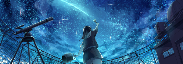 Anime picture 3000x1062 with original akira (mr akira) single long hair highres black hair wide image holding sky arm up night sparkle from below night sky girl uniform serafuku star (stars) paintbrush bucket