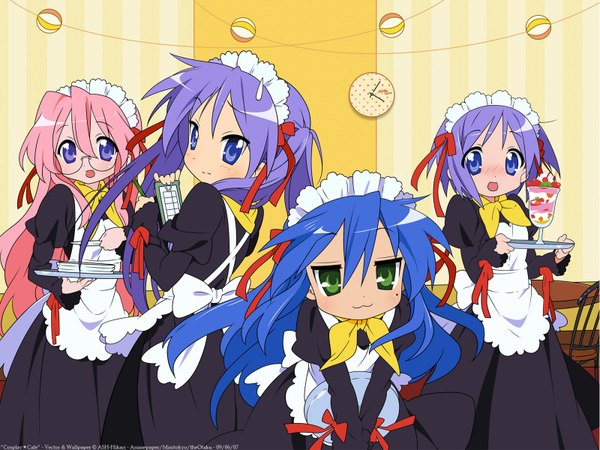 Anime picture 1600x1200 with lucky star kyoto animation izumi konata hiiragi kagami hiiragi tsukasa maid girl