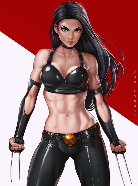 イラスト 660x884 と エックスメン marvel comics x-23 (laura kinney) dandon fuga ソロ 長髪 長身像 カメラ目線 おっぱい light erotic 黒髪 simple background 緑の目 signed cleavage lips realistic bare belly へそ出し 前から見えるお尻