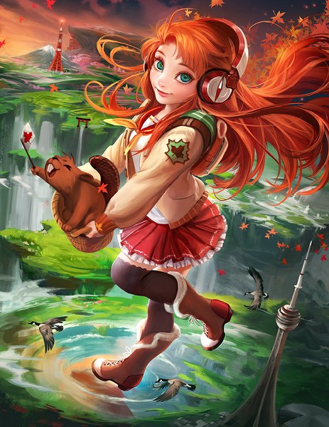Anime picture 773x1000 with sakimichan long hair tall image looking at viewer blush fringe smile holding green eyes sky cloud (clouds) eyes closed pleated skirt from above orange hair realistic open clothes open jacket teeth mountain