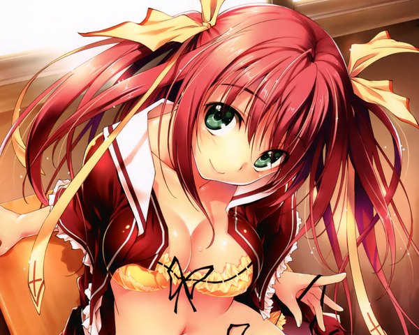 Anime picture 2000x1600 with original kikurage (plastic people) single looking at viewer highres light erotic twintails green eyes red hair light smile midriff light undressing frilled bra skin tight girl uniform ribbon (ribbons) hair ribbon school uniform