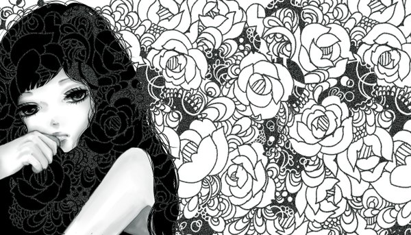Anime picture 1260x722 with original oto ko neco single long hair looking at viewer fringe black hair wide image bare shoulders grey eyes floral print monochrome hand to mouth girl flower (flowers) rose (roses)