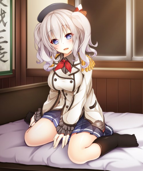 Anime picture 1752x2100 with kantai collection kashima training cruiser wakagi repa single long hair tall image looking at viewer blush highres open mouth blue eyes silver hair girl skirt uniform socks black socks epaulettes