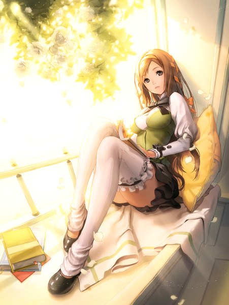 Anime picture 2480x3296 with kkuem single long hair tall image highres black hair brown hair light girl thighhighs skirt miniskirt petals white thighhighs pillow book (books)