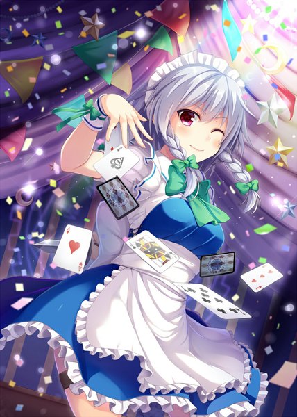 Anime picture 800x1120 with touhou izayoi sakuya noe noel single tall image looking at viewer short hair red eyes silver hair braid (braids) one eye closed wink maid girl dress uniform bow hair bow headdress maid headdress