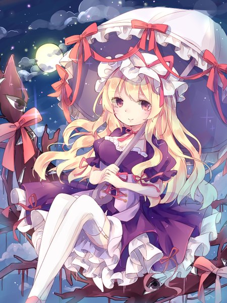 Anime picture 1200x1600 with touhou yakumo yukari hiyokono tataki single long hair tall image looking at viewer blush fringe breasts blonde hair sitting holding brown eyes payot cloud (clouds) light smile night sparkle night sky