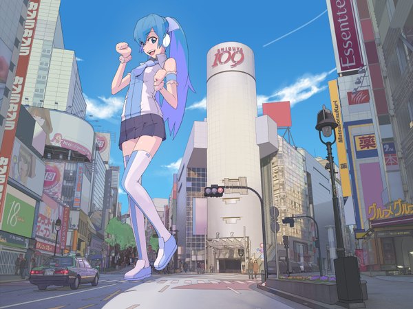 Anime picture 1600x1200 with vocaloid hatsune miku guitar (artist) long hair looking at viewer blush fringe open mouth blue eyes smile standing twintails bare shoulders blue hair sky cloud (clouds) pleated skirt teeth city solo focus