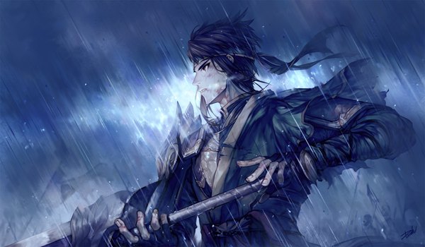 Anime picture 1920x1120 with shin sangoku musou danhu single highres short hair wide image holding brown eyes signed looking away outdoors parted lips profile rain eyebrows boy uniform weapon military uniform bandana