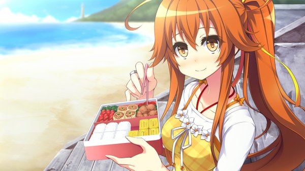 Anime picture 1280x720 with 1/7 no mahoutsukai shinonome yuno tel-o single long hair looking at viewer blush fringe wide image yellow eyes game cg sky cloud (clouds) ahoge ponytail light smile orange hair beach sand girl