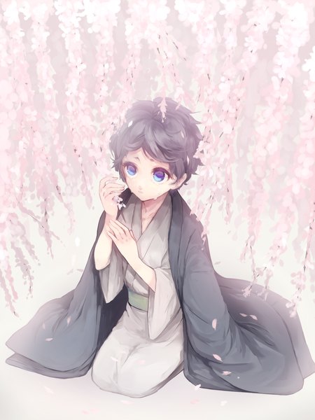 Anime picture 1200x1600 with original makoto (pixiv15577210) single tall image short hair blue eyes black hair traditional clothes japanese clothes from above tears cherry blossoms looking up crying seiza spring boy plant (plants) petals tree (trees)