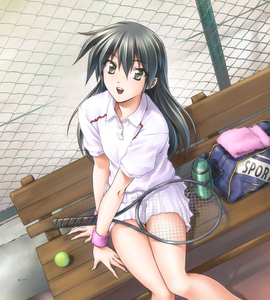 Anime picture 1080x1200 with mid knight single long hair tall image looking at viewer open mouth light erotic black hair sitting green eyes girl skirt uniform miniskirt bracelet bag gym uniform towel wristlet bench