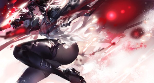 Anime picture 1680x911 with original pixiv fantasia pixiv fantasia fallen kings kishiyo single long hair fringe light erotic black hair wide image white background looking away cleavage bent knee (knees) ass parted lips profile wind open clothes mole