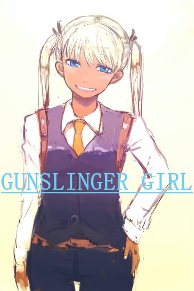 Anime picture 2000x3000 with gunslinger girl madhouse triela yatsu terude single long hair tall image looking at viewer highres open mouth blue eyes simple background blonde hair smile twintails hand on hip girl ribbon (ribbons) hair ribbon necktie