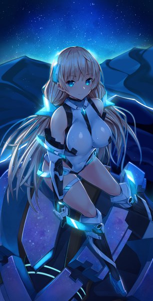 Anime picture 613x1200 with expelled from paradise angela balzac gedou (shigure seishin) single long hair tall image looking at viewer blush fringe breasts blue eyes light erotic blonde hair smile large breasts sitting twintails bare shoulders outdoors from above