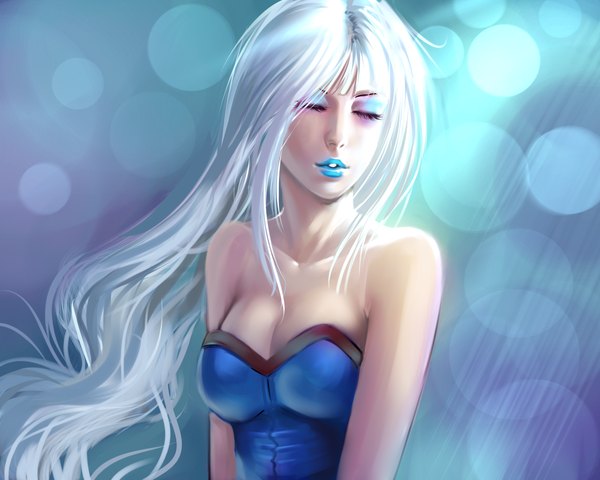Anime picture 1280x1024 with original moni158 single long hair highres breasts bare shoulders cleavage white hair eyes closed lips realistic lipstick close-up pale skin eyeshadow girl