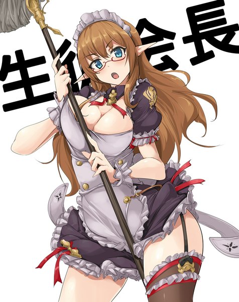 Anime picture 820x1034 with tagme (copyright) momio single long hair tall image looking at viewer fringe breasts open mouth light erotic brown hair large breasts white background cleavage aqua eyes pointy ears :o maid breast press between thighs