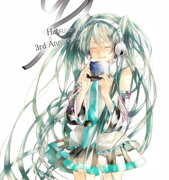 Anime picture 1600x1700 with vocaloid hatsune miku ebisu kana long hair tall image twintails eyes closed nail polish aqua hair inscription girl skirt detached sleeves miniskirt necktie headphones wire (wires)