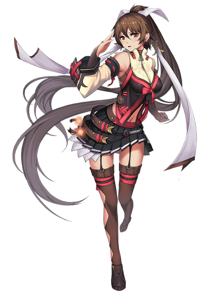Anime picture 715x1000 with original [saw] single tall image looking at viewer red eyes brown hair full body ponytail very long hair transparent background girl thighhighs dress ribbon (ribbons) hair ribbon detached sleeves