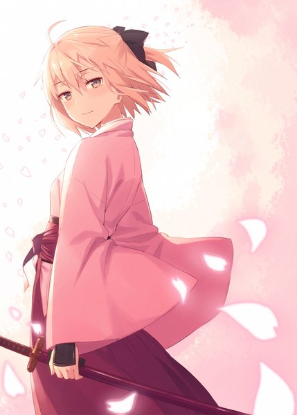 Anime picture 700x979 with fate (series) fate/grand order koha-ace okita souji (fate) (all) okita souji (koha-ace) kinta (distortion) single tall image short hair blonde hair hair between eyes brown eyes looking away ahoge ponytail traditional clothes japanese clothes looking back wind cherry blossoms