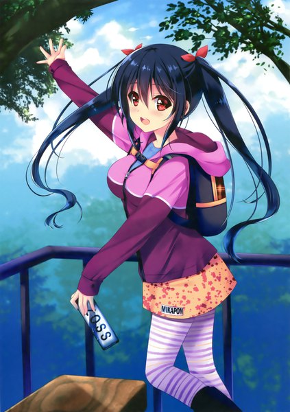 Anime picture 2117x3000 with original eshi 100-nin ten zinno single long hair tall image looking at viewer blush highres open mouth black hair red eyes twintails sky cloud (clouds) casual girl plant (plants) tree (trees) jacket