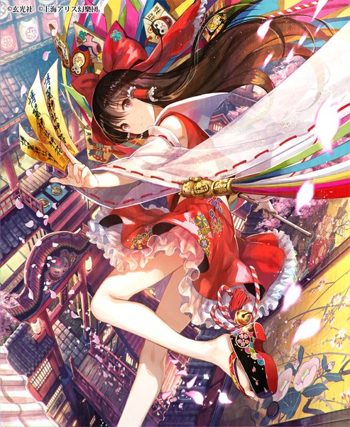 Anime picture 744x906 with touhou hakurei reimu fuzichoco single long hair tall image fringe smile brown hair holding brown eyes looking away traditional clothes japanese clothes light smile miko architecture midair east asian architecture girl