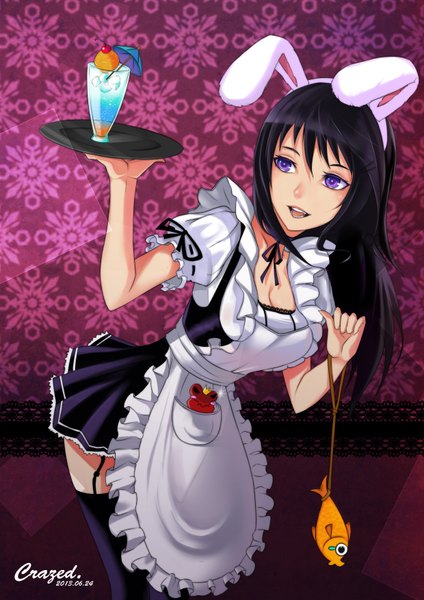Anime picture 2480x3507 with original crazed single long hair tall image highres open mouth black hair purple eyes maid bunny ears zettai ryouiki girl thighhighs dress black thighhighs frills apron fish (fishes) tray