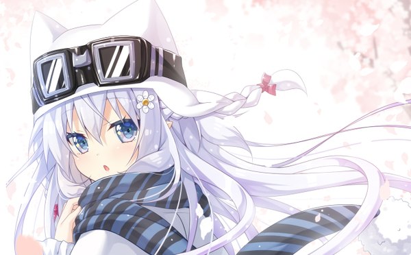 Anime picture 1366x848 with kantai collection hibiki destroyer yano mitsuki single long hair fringe blue eyes wide image animal ears silver hair parted lips looking back hair flower cat ears cherry blossoms fake animal ears goggles on head girl hair ornament flower (flowers)