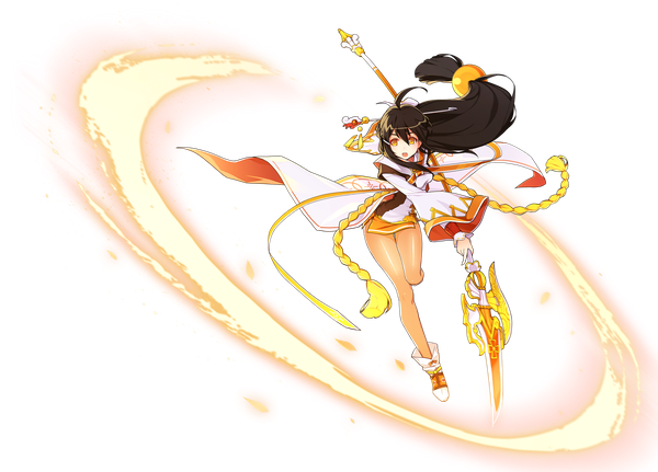 Anime picture 7214x5190 with elsword ara haan sakra devanam (elsword) hwansang single long hair fringe highres open mouth black hair hair between eyes holding yellow eyes absurdres full body ahoge wide sleeves official art low ponytail transparent background