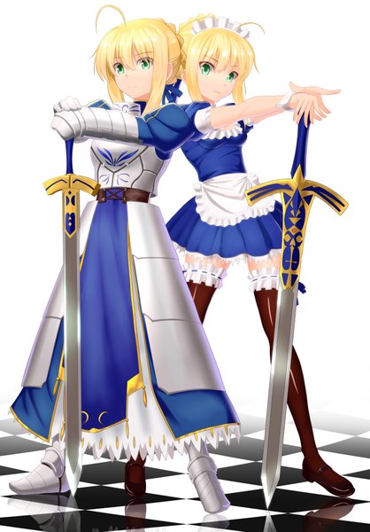 Anime picture 3000x4303 with fate (series) fate/stay night type-moon artoria pendragon (all) saber taka (takahirokun) tall image highres short hair blonde hair white background multiple girls green eyes maid checkered floor floor girl thighhighs dress weapon