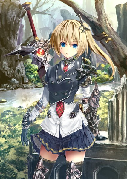 Anime picture 1020x1440 with original kouji (astral reverie) single long hair tall image looking at viewer blue eyes pleated skirt one side up girl skirt gloves uniform hair ornament weapon plant (plants) miniskirt sword tree (trees) necktie