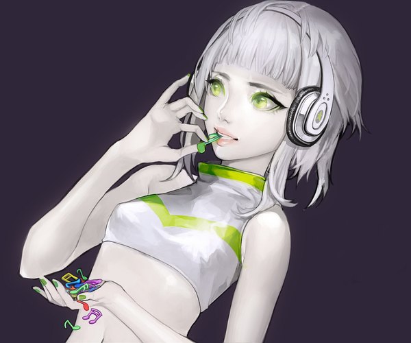 Anime picture 2126x1772 with original ddongu single highres short hair green eyes looking away white hair teeth midriff eating girl headphones musical note